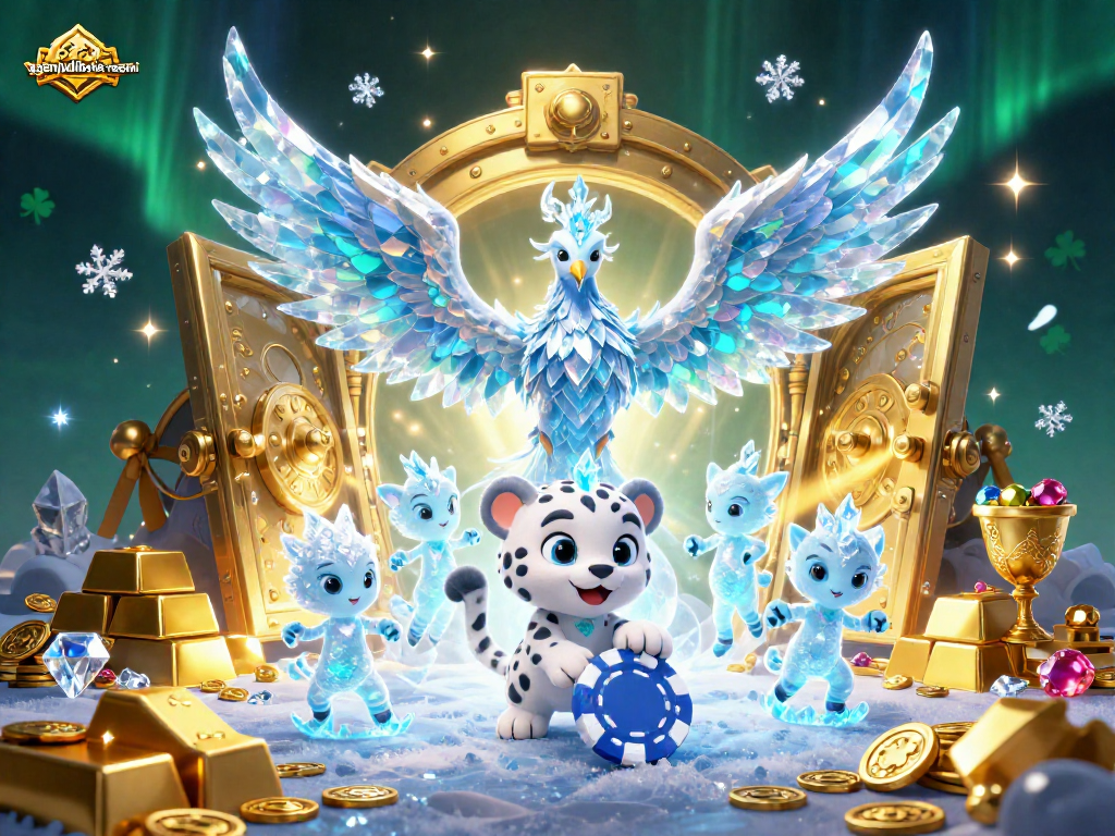 Engage with agenjudibola-resmi's dynamic casino scene featuring an ice phoenix, snow leopard, and treasure.