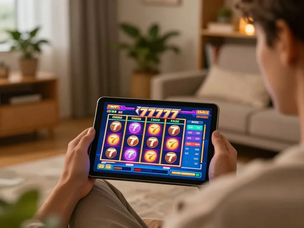 Engaging gameplay on slot777 in a cozy home setting, highlighting a responsible gaming atmosphere.