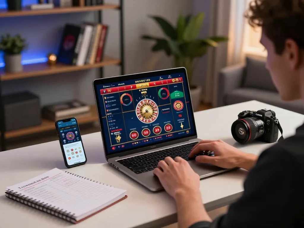 Engaging online game scene illustrating Nhà cái 8LIVE, with a player focused on casino gaming strategies and multiple devices in use.