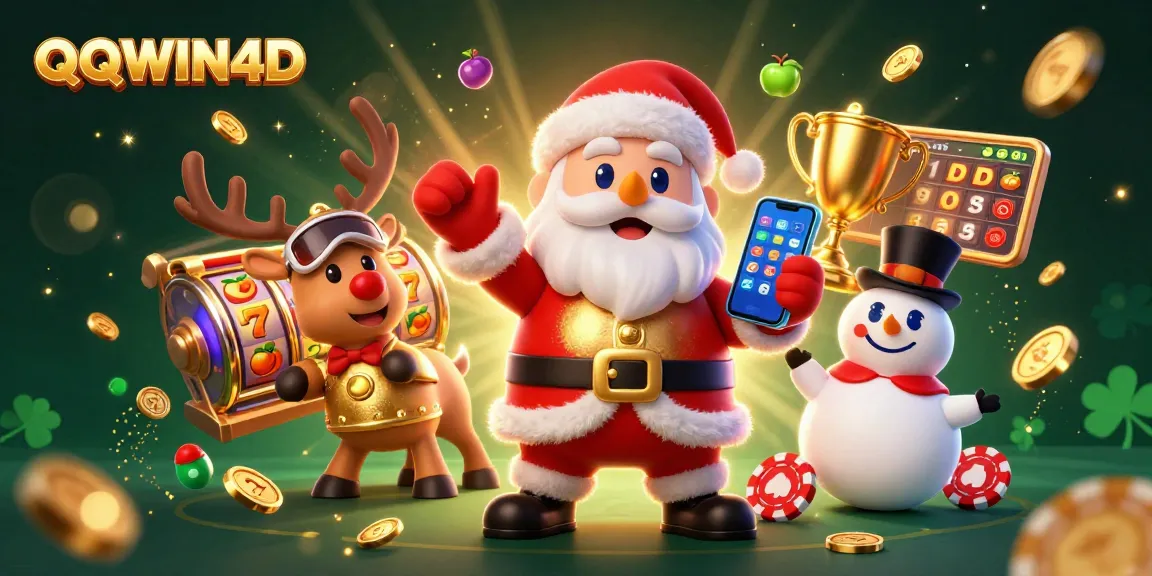 QQWIN4D momen seru dengan Santa Claus dan trofi jackpot di dalam kasino yang menyenangkan.