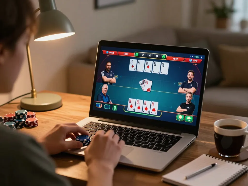 Engaging online poker play at home with 388bet interface on screen, demonstrating strategy.
