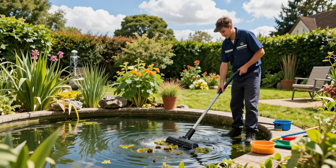 Professional Pond Cleaning Sussex with expert using a vacuum to clean a vibrant backyard pond.