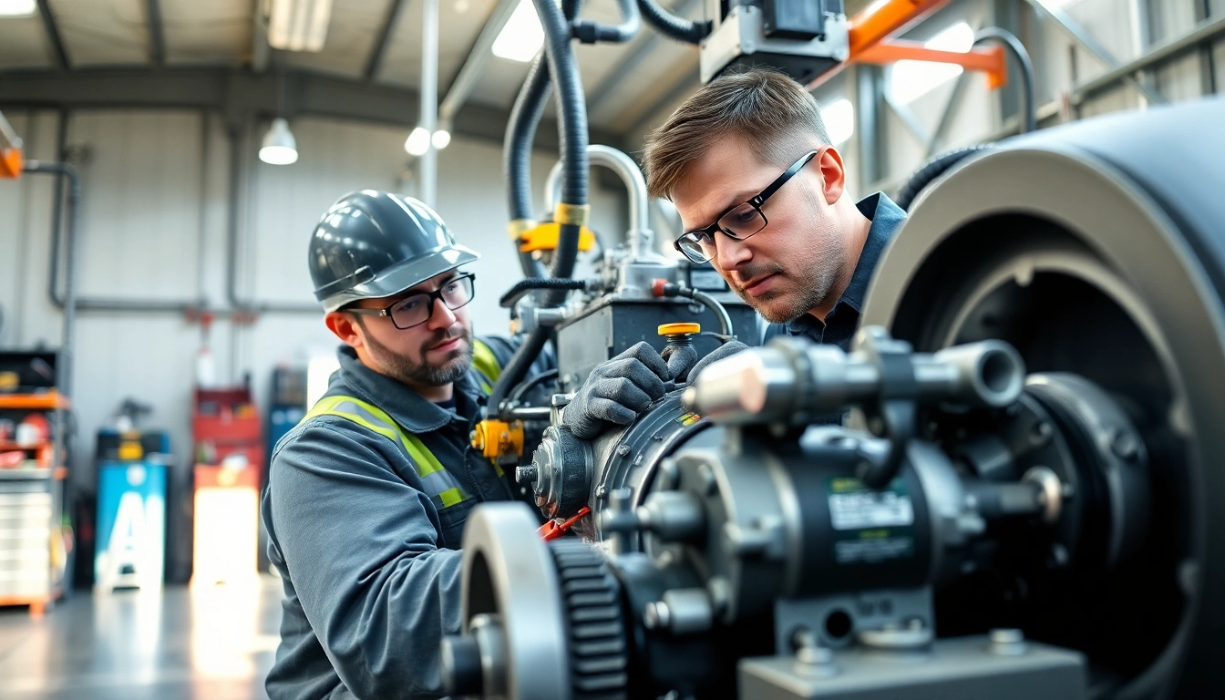 Technician performing hydraulic repair services on advanced equipment in a professional setting.