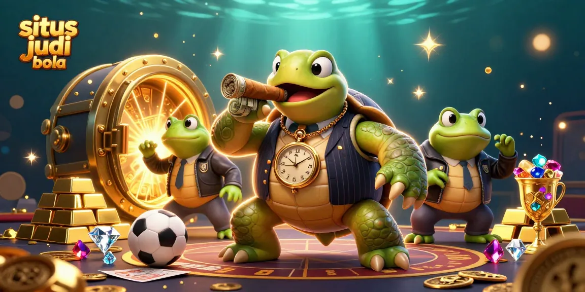 Bet on situs judi bola with this vibrant illustration featuring a turtle in a mobster suit and bullfrog enforcers.