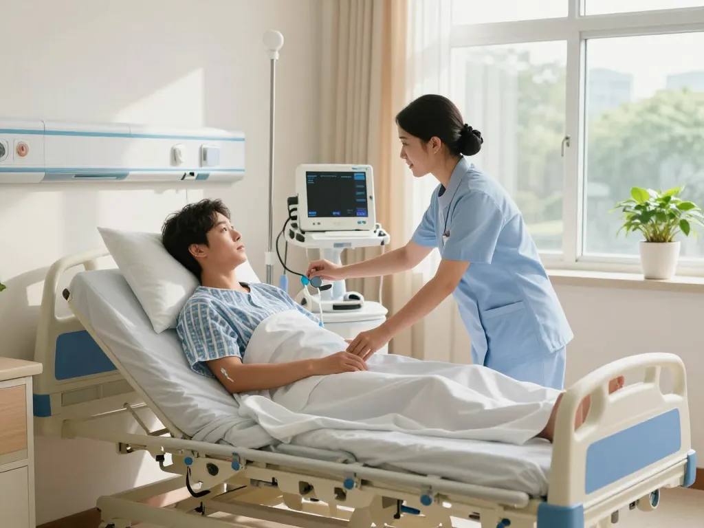 The scene features a caring nurse adjusting a giường bệnh nhân for a patient in a bright hospital room, showcasing modern healthcare comforts and serene healing.