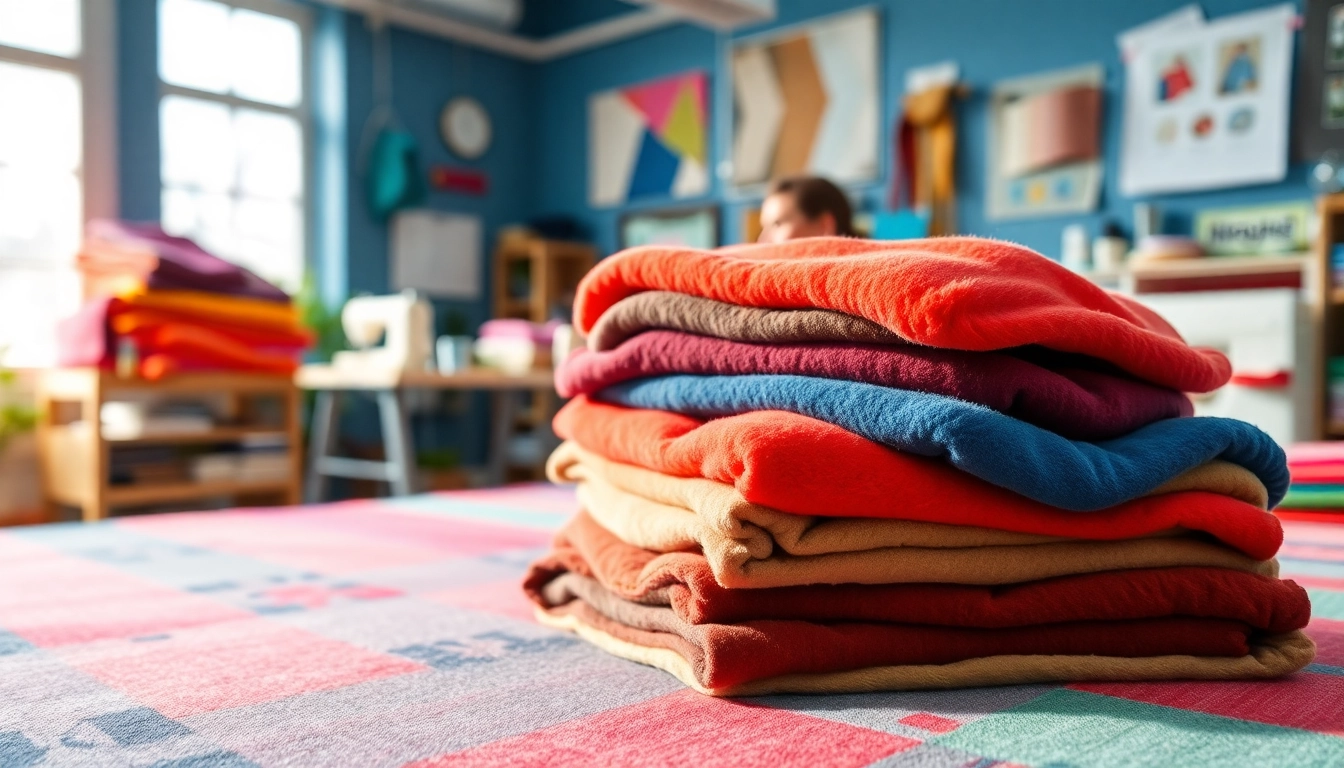 Fleece stof met verschillende kleuren en texturen op een werktafel in een textielatelier.