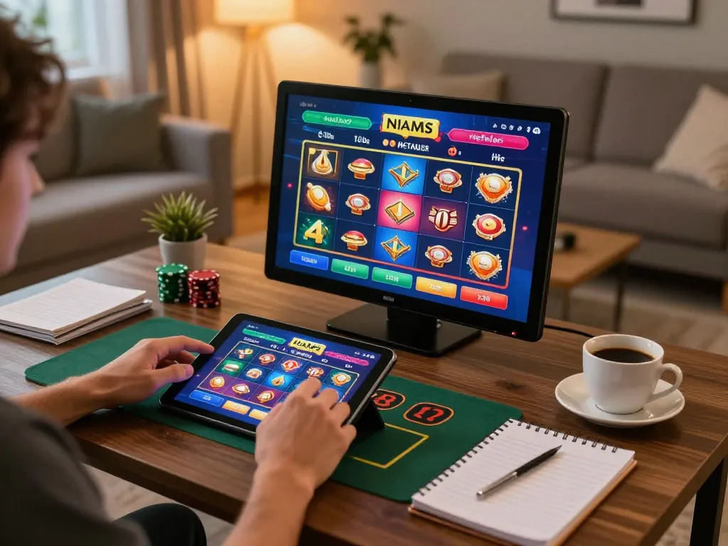 A player actively engaging with casino non AAMS con Neteller platform on their tablet, showcasing a vibrant online gaming experience.
