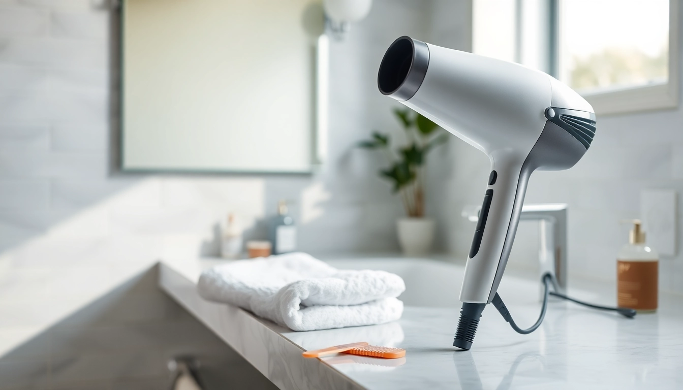 Stylish hair dryer for fine hair on a countertop in a modern bathroom setting.