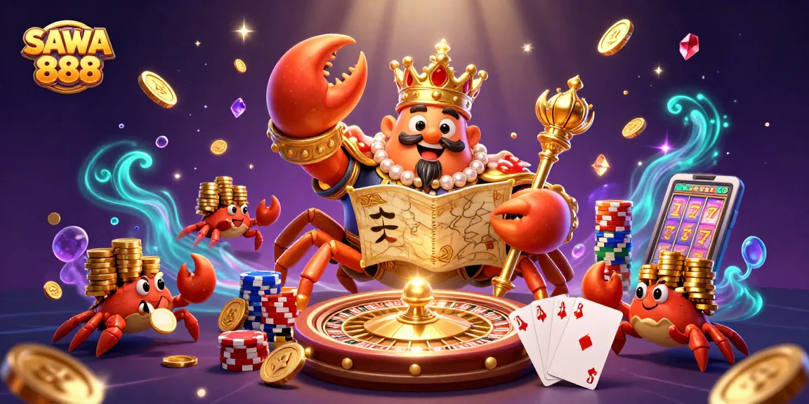 Experience exciting gameplay at SAWA 888 with a vibrant 3D illustration of a golden crab emperor and interactive casino elements.