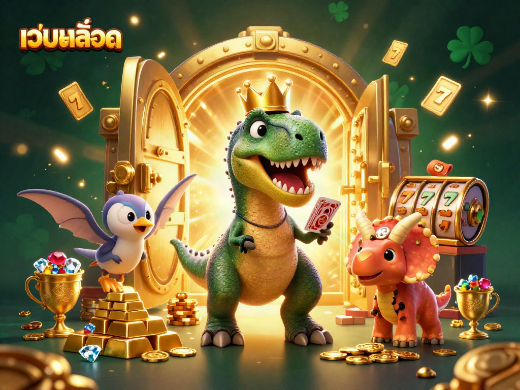 Engage in เว็บสล็อต excitement with fun characters battling over golden chips and treasure in a vibrant casino scene.