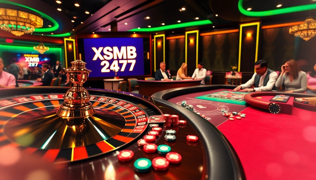 XSMB 247 casino scene featuring roulette and poker games highlighting excitement and luxury.