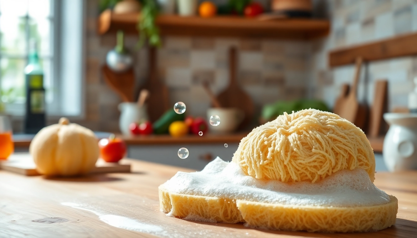Discover kitchen loofah benefits through a vibrant kitchen scene featuring a natural loofah sponge.