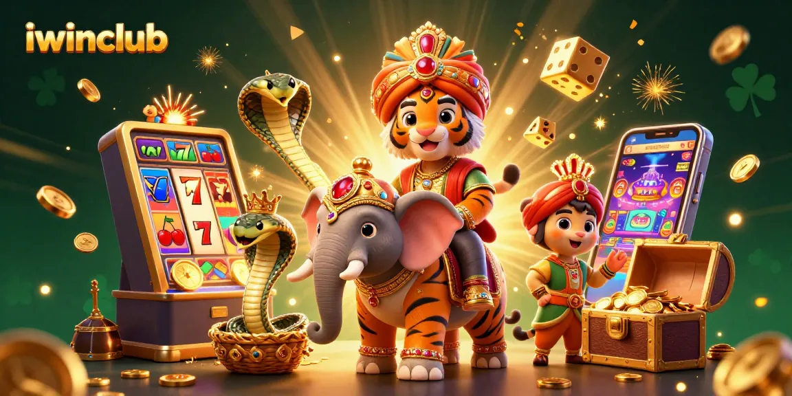 Play exciting casino games at iwinclub, featuring vibrant 3D illustration of winning jackpots and thrilling elements.