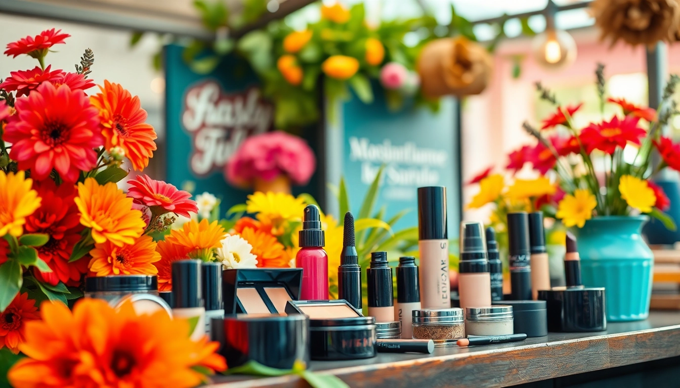 Showcase of wholesale makeup products adorned with vibrant flowers in natural light.