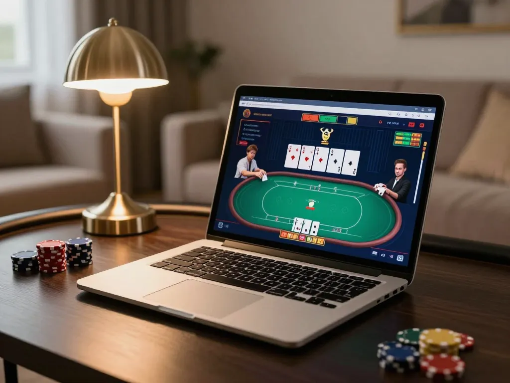 Engaging online poker gameplay on laptop at home, showcasing jproyal interface in a stylish setup.