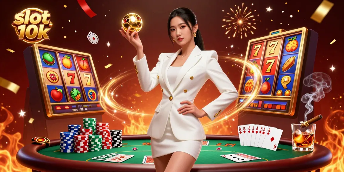 Spin to win at slot 10k with an Asian woman holding a golden roulette ball amidst a vibrant casino scene.