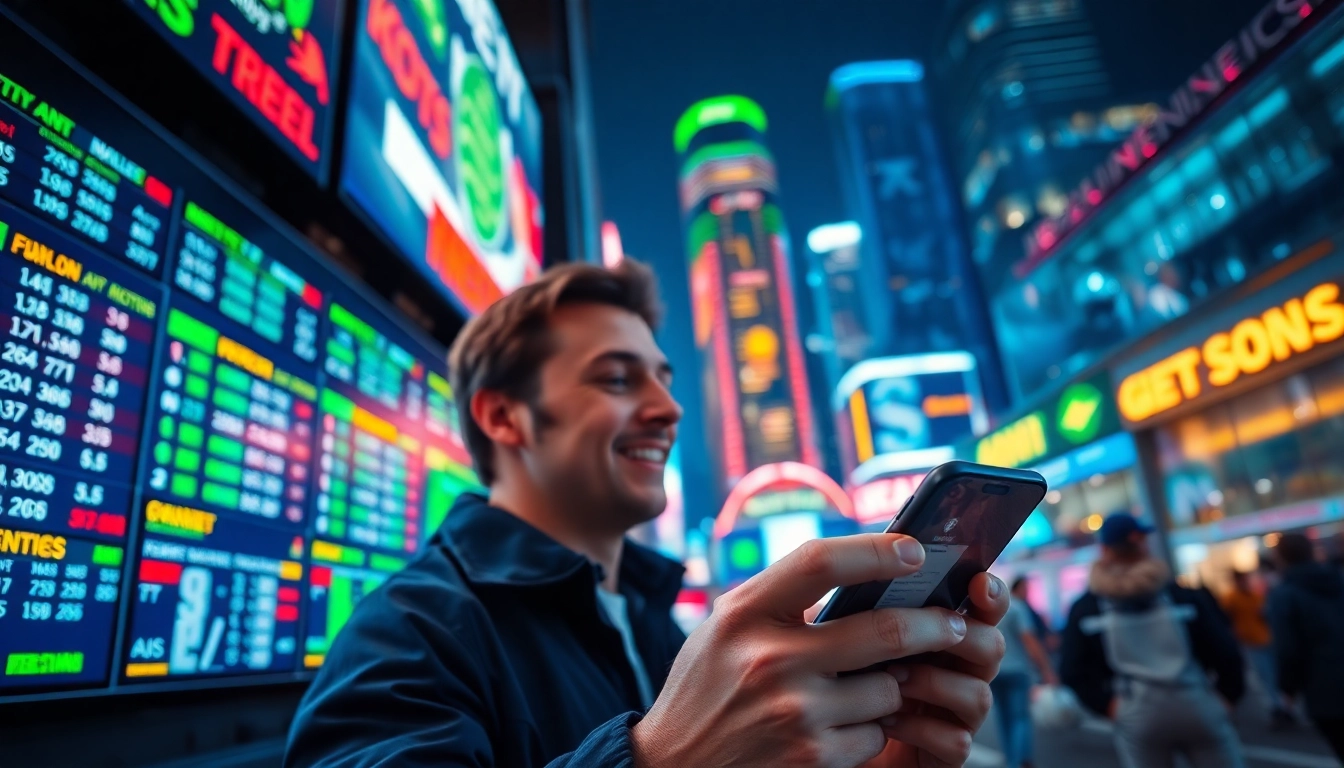 Engaging scene of sports betting sites India showcasing vibrant urban nightlife and digital devices.