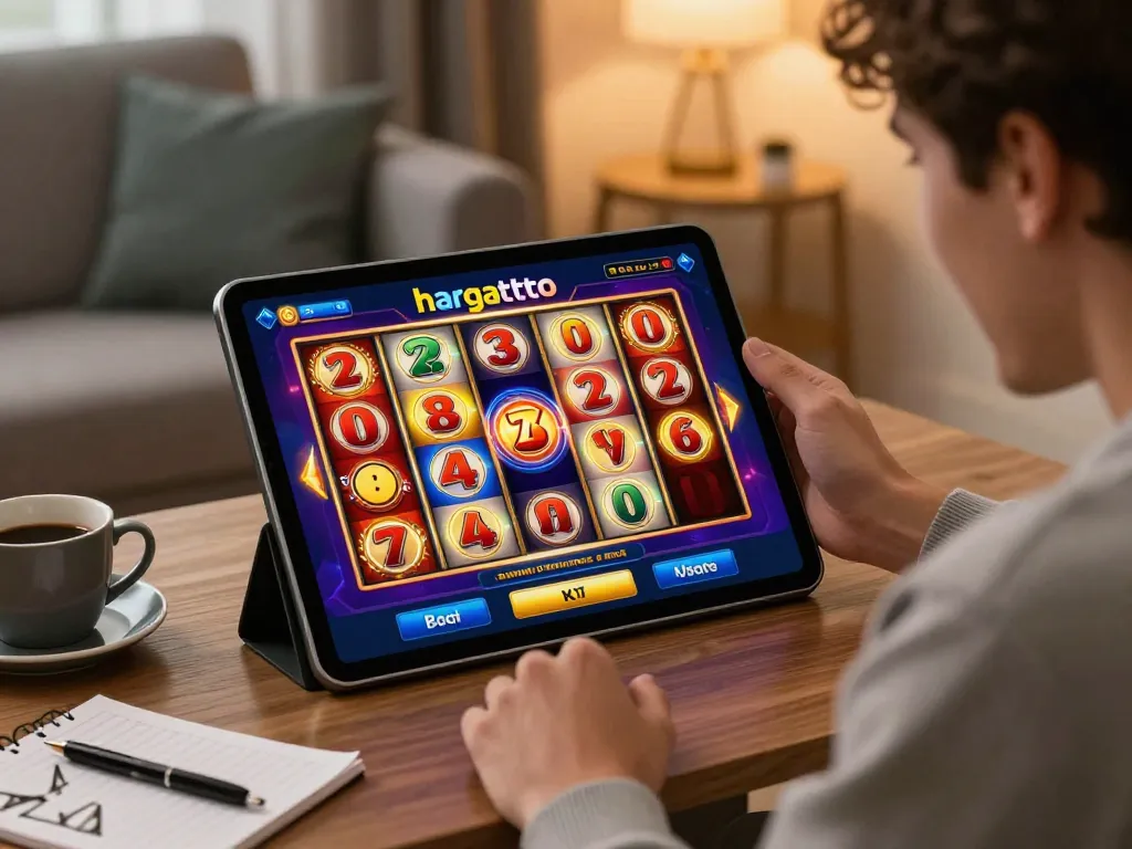 Player celebrating a big win on hargatoto slot while playing on a tablet at home.