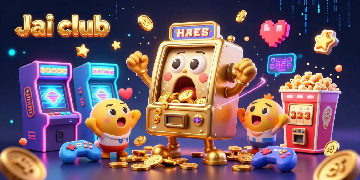 Jai club slot machine celebrates its jackpot win, surrounded by cheering machines and arcade elements.