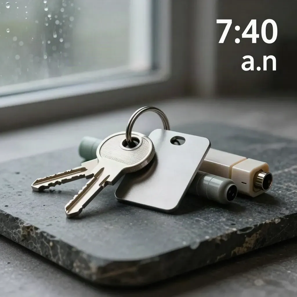 Minting hardware cluster on a stone tray in rain-lit studio, cool premium hero still life.