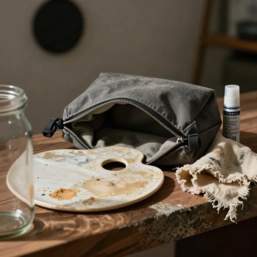 Art pouch, ceramic palette, rag and fixative can in dramatic studio light.