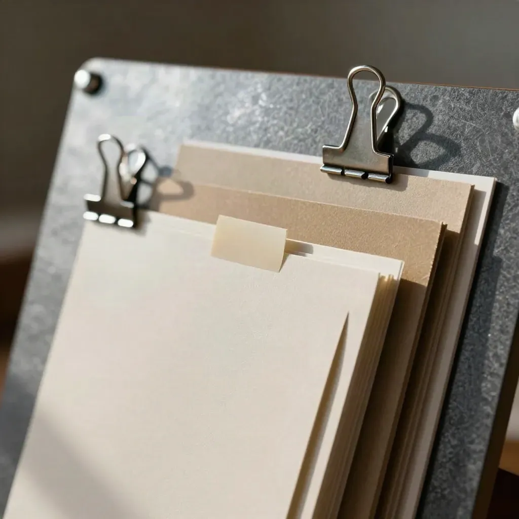 Magnetic board with sample cards and metal clips seen through a dark folder, softly lit