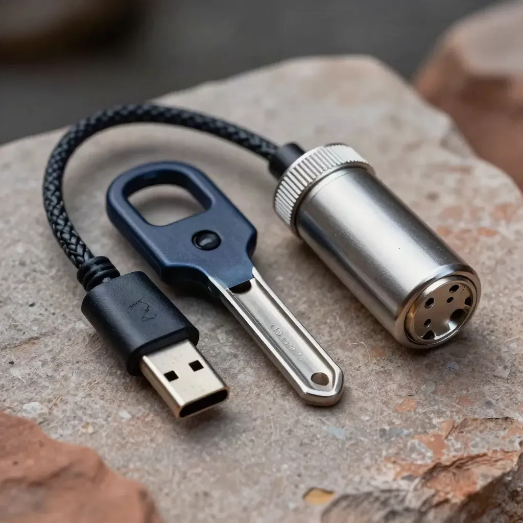 Hardware keys, braided cable, and backup capsule on stone with dark bokeh