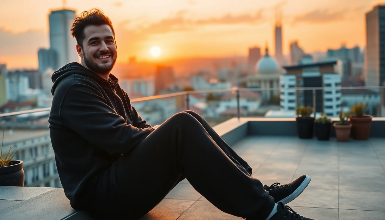 Stylish individual showcasing black baggy sweatpants in a vibrant urban rooftop setting at sunset.