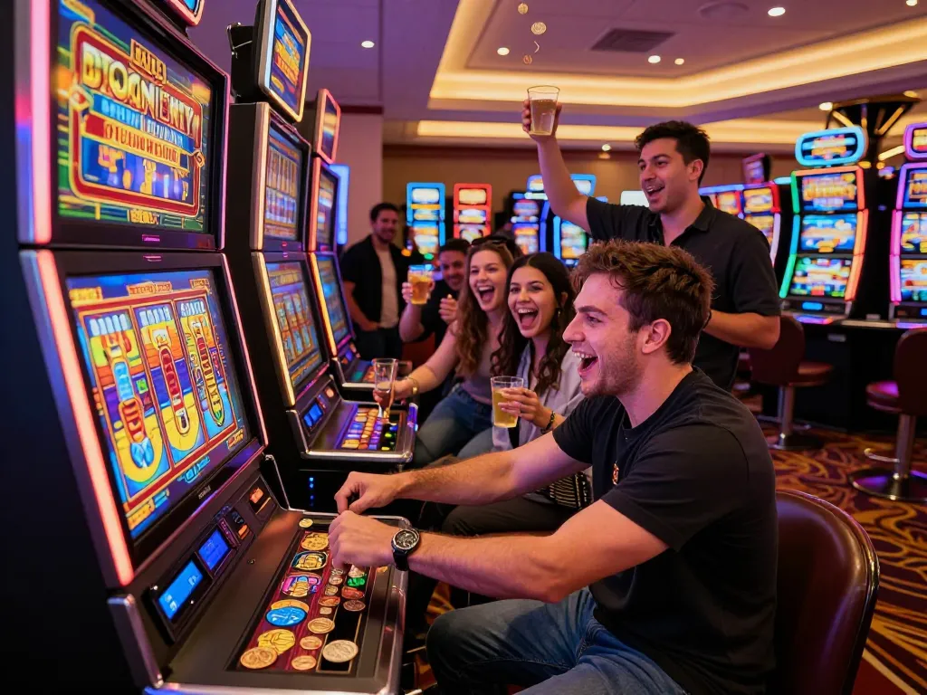 Pemain menang di mesin slot Dragon Link dalam suasana kasino yang meriah, menunjukkan kegembiraan dan kebahagiaan.