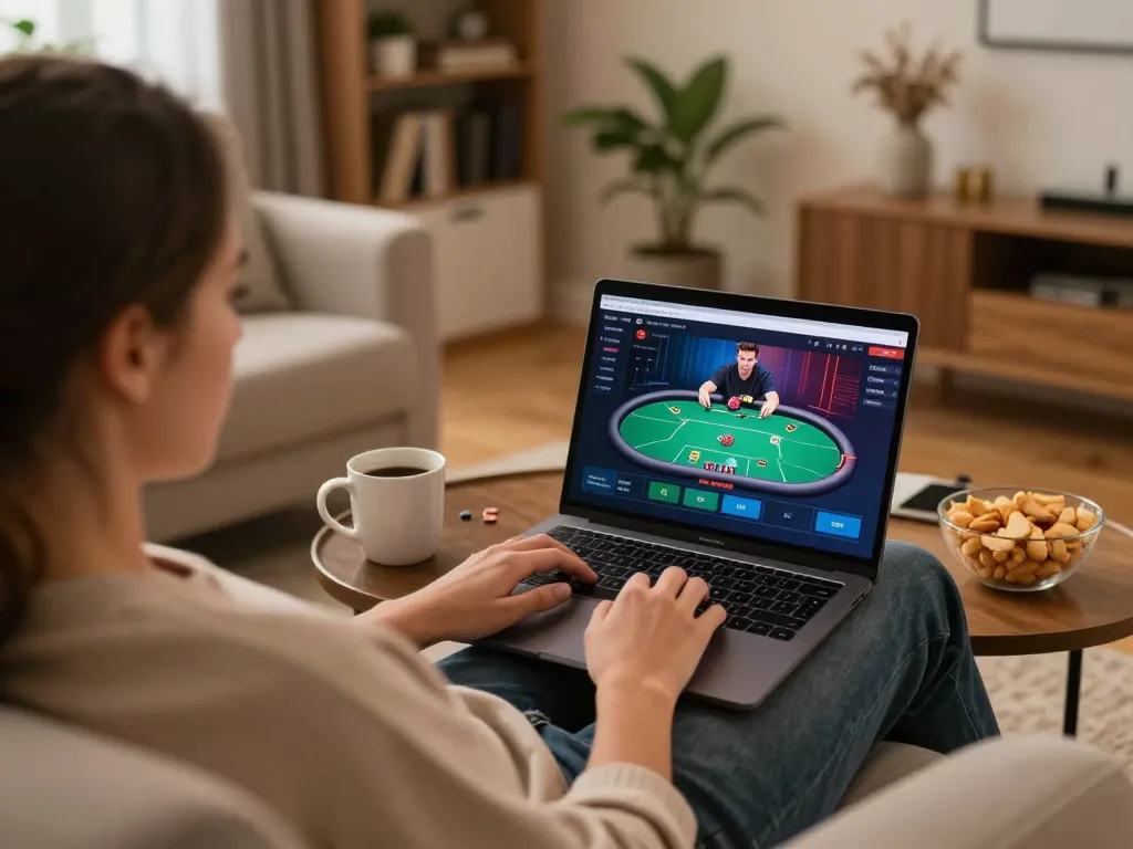 Engage in Poker Online with a live game setting on a laptop, showcasing a cozy home atmosphere.