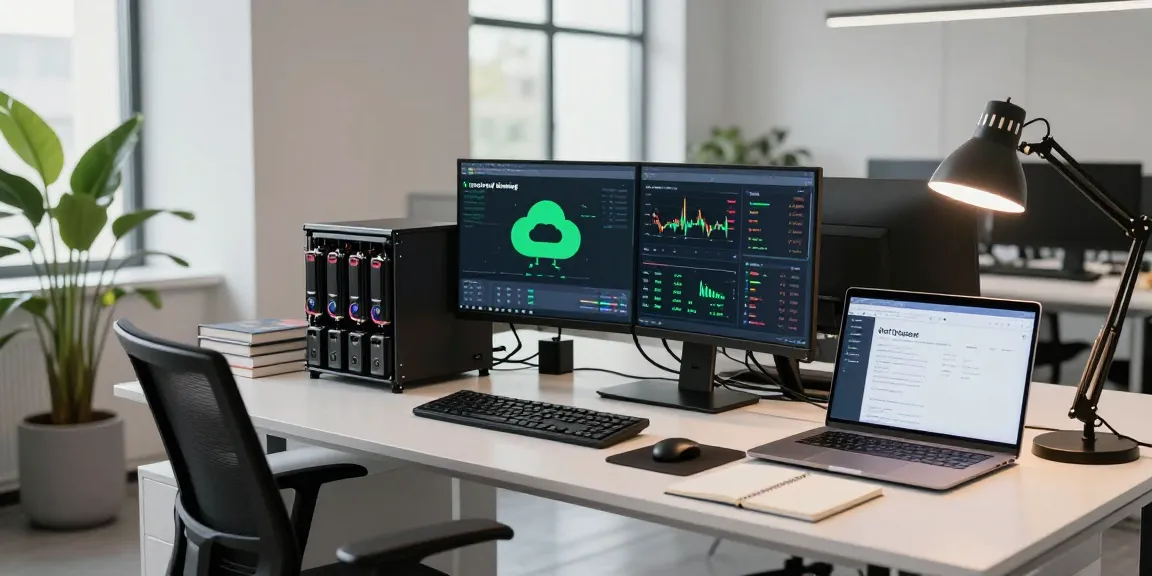 Green energy cloud mining setup with cryptocurrency dashboards and analytics in a modern office workspace.
