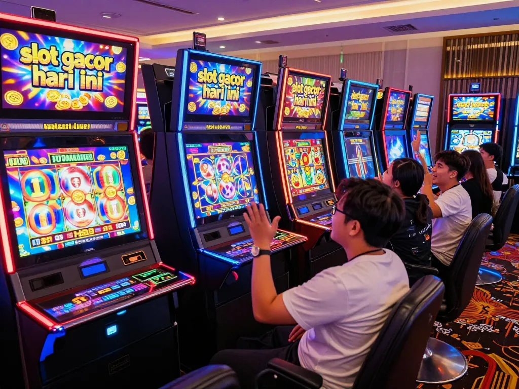 Pemain menikmati slot gacor hari ini di lingkungan kasino yang meriah dengan dekorasi yang hidup dan layar berwarna-warni.