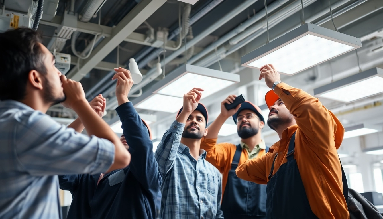 Technicians performing lighting service maintenance, ensuring optimal performance in a commercial setting.