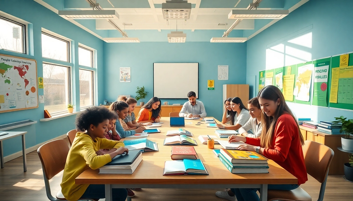 Engaging classroom scene featuring students collaboratively learning in an innovative educational environment.