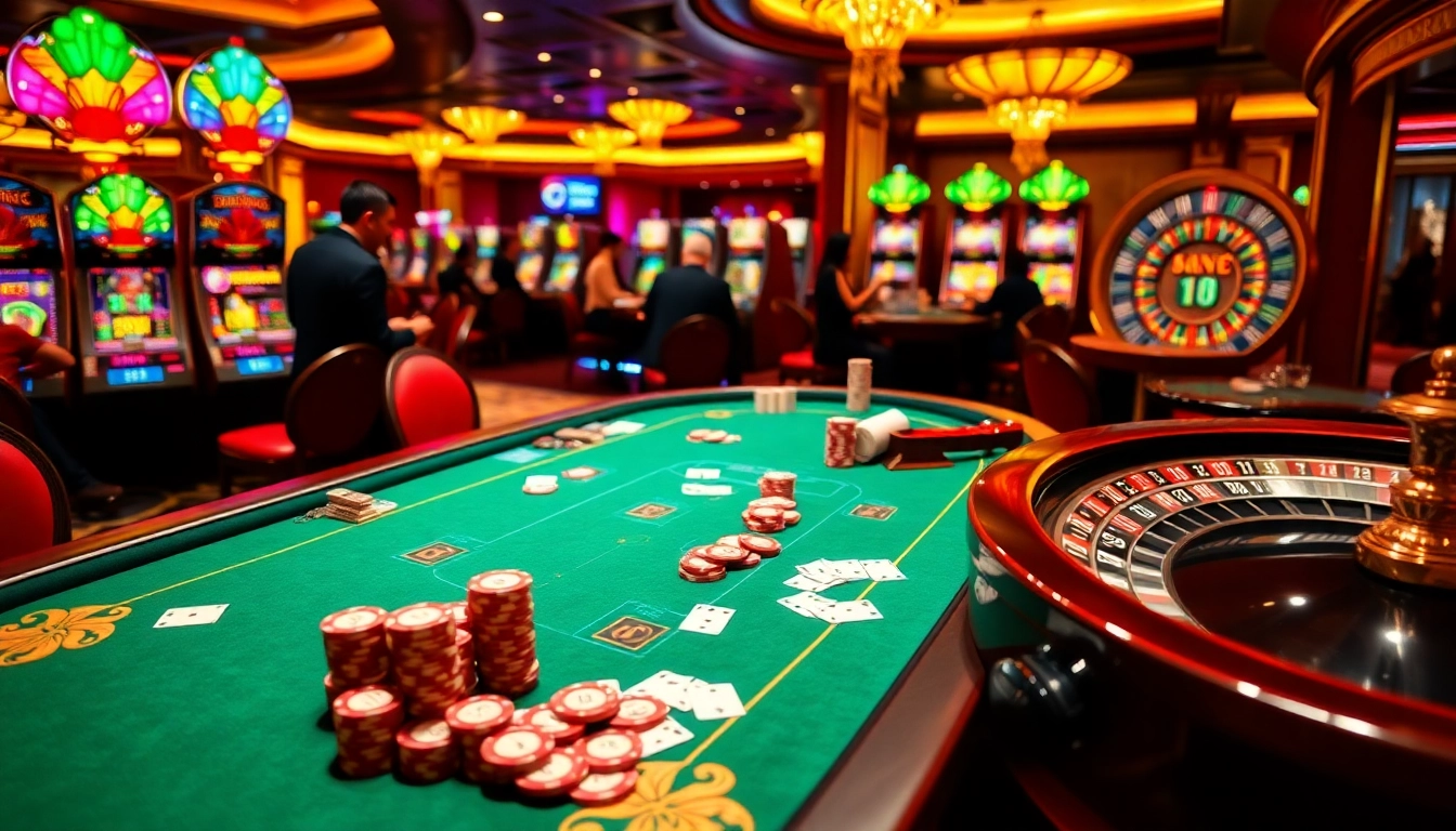 Exciting casino scene with players enjoying poker at raja toto88 with vibrant slot machines.