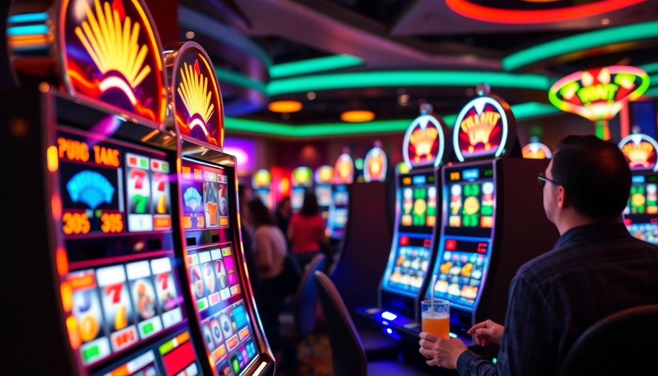 Menangkan di Slot77 dengan suasana kasino yang cerah dan mesin slot menarik.