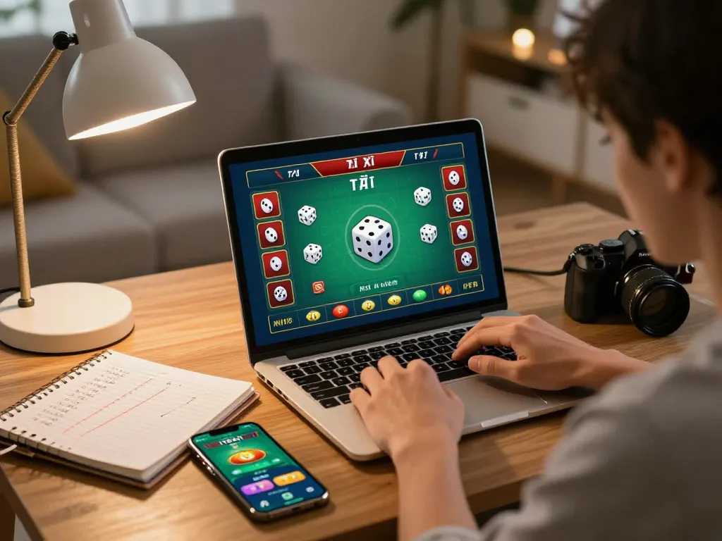 Tài xỉu online uy tín gameplay on a laptop with betting strategies in a cozy home setting.