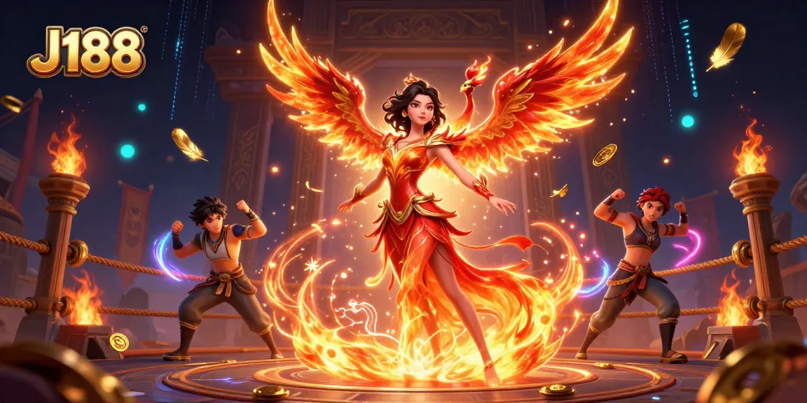 Experience thrilling gaming action at J188 with an Asian woman and fire phoenix in a dynamic casino setting.