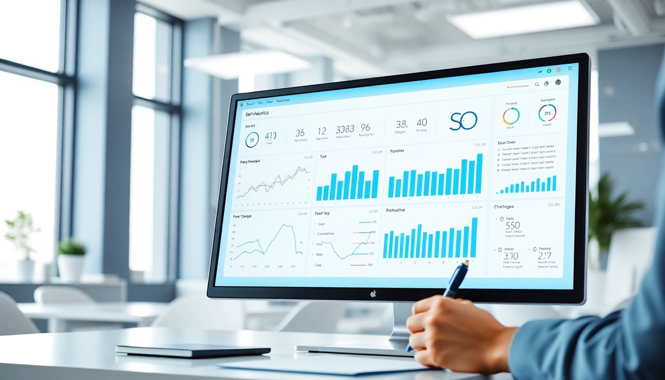 Analyze SEO performance data on a computer screen in a modern office.