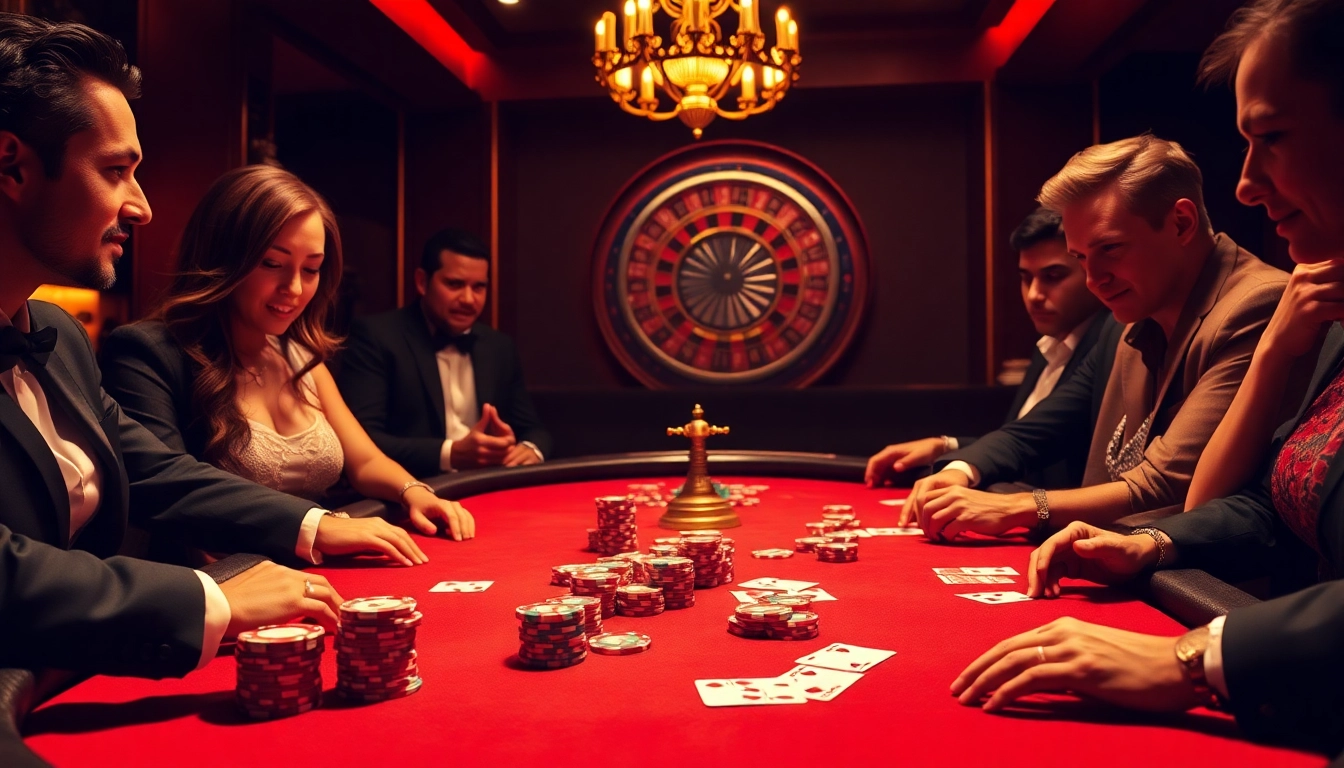RR88 poker players engaged in an exciting high-stakes game at a luxury casino table.