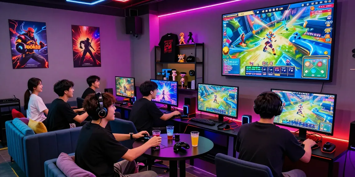 Young adults enjoying the rokok88 game in a vibrant gaming lounge with neon lights and gaming peripherals.