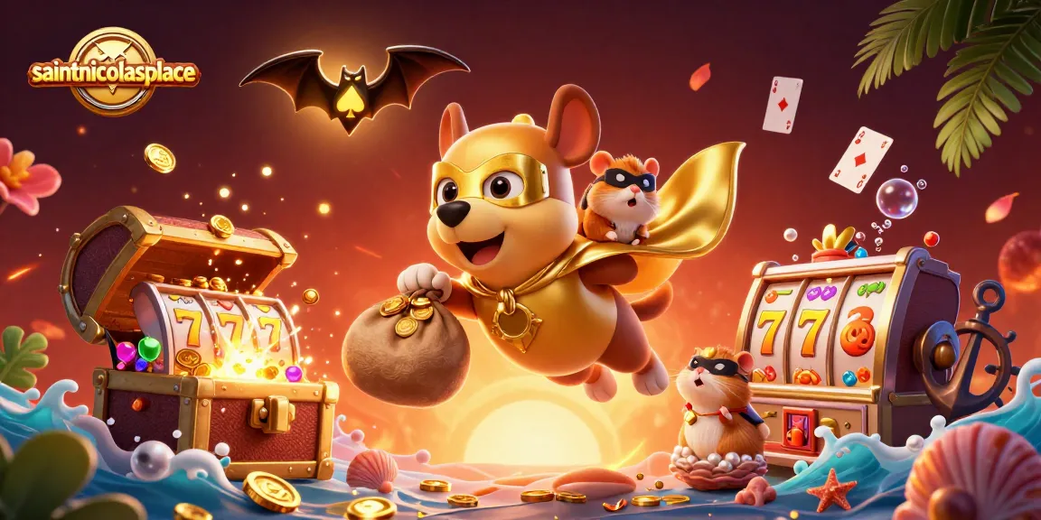 Experience the thrill of saintnicolasplace with a superhero dog and hamster surrounded by lively casino elements.