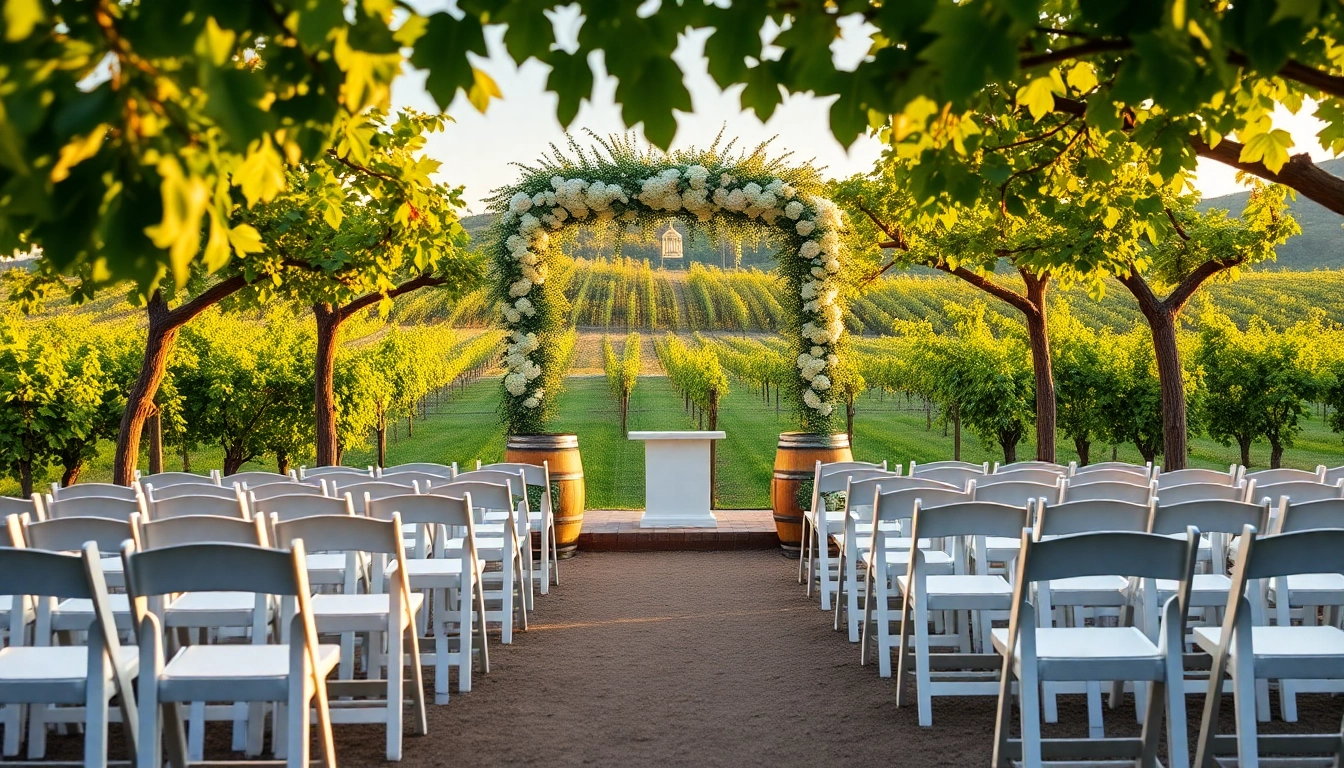 Charming Clarksburg Wedding Venues with lush vineyard backdrop and elegant ceremony setup.
