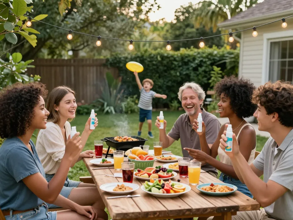Friends applying mosquito repellent during backyard barbecue for effective outdoor protection.