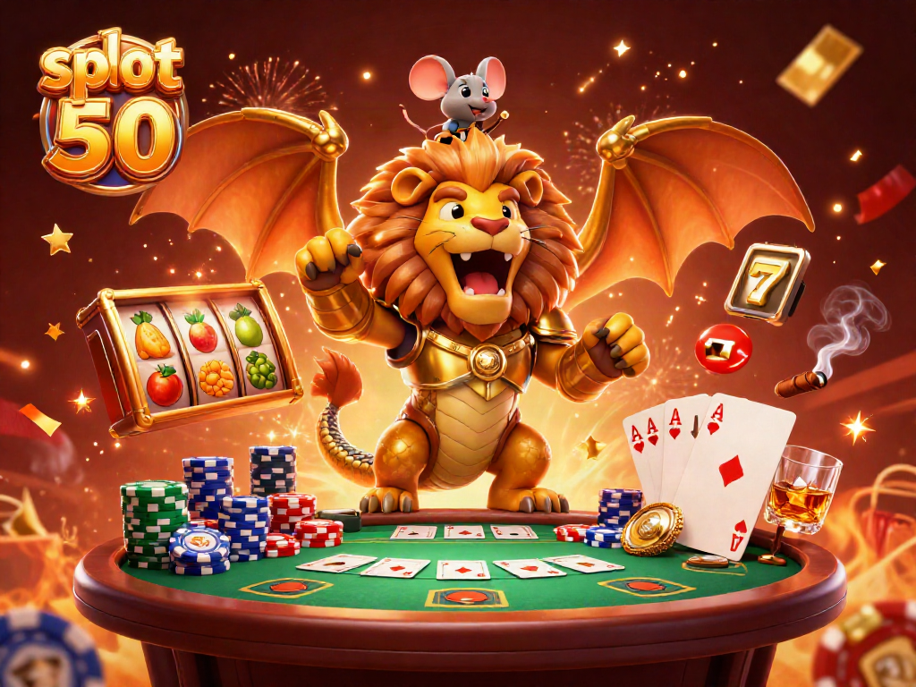 Engage with slot bet 50 as our cartoon chimera wins big, surrounded by vibrant slot reels and poker elements.