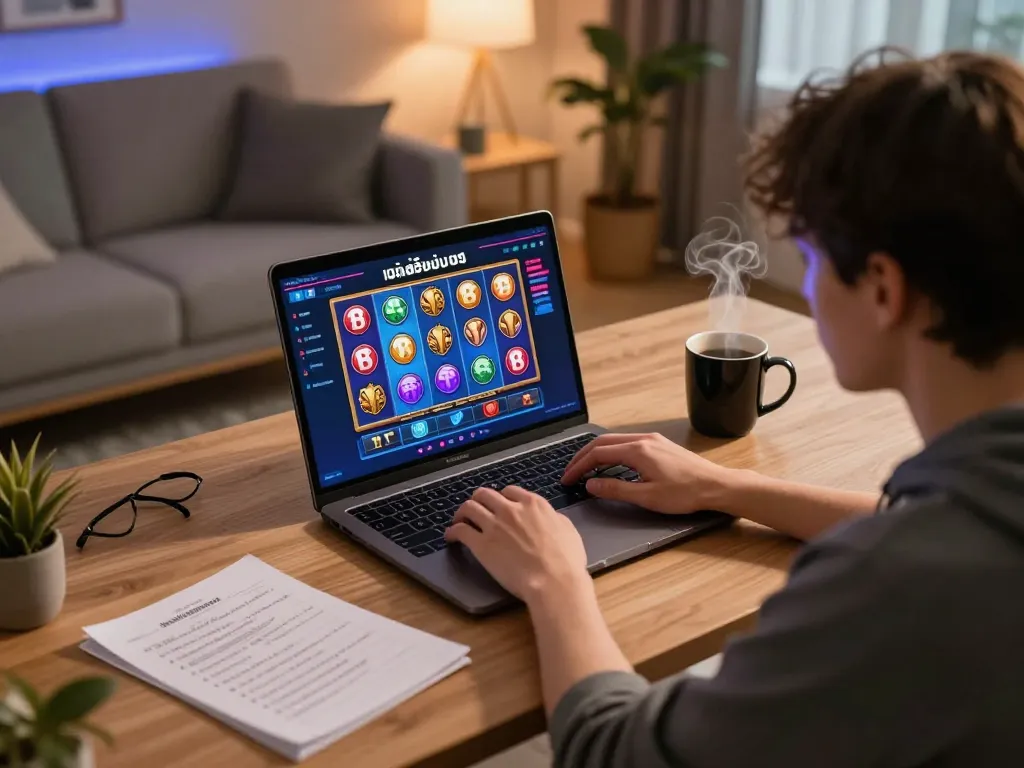 Engaging in เว็บสล็อตตรง online gaming with a laptop in a cozy home setting.