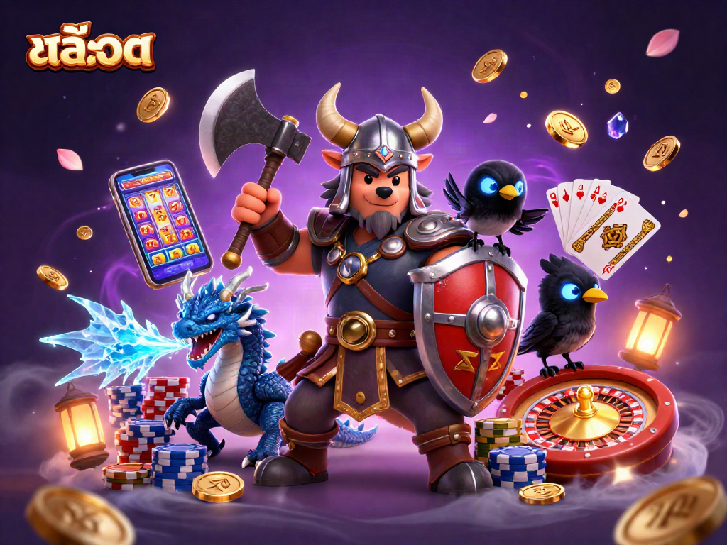 Spin the สล็อต reels with a Viking warrior, dragon, and raven amidst flying coins and treasures.