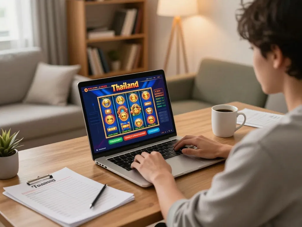 Engaging player immersed in slot thailand game on laptop in a cozy home setting.