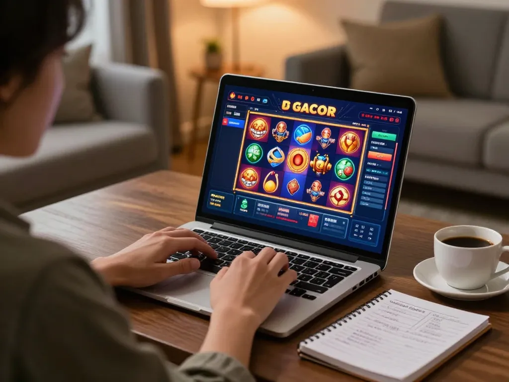 Person enjoying slot gacor games on laptop with cozy decor and strategic notes