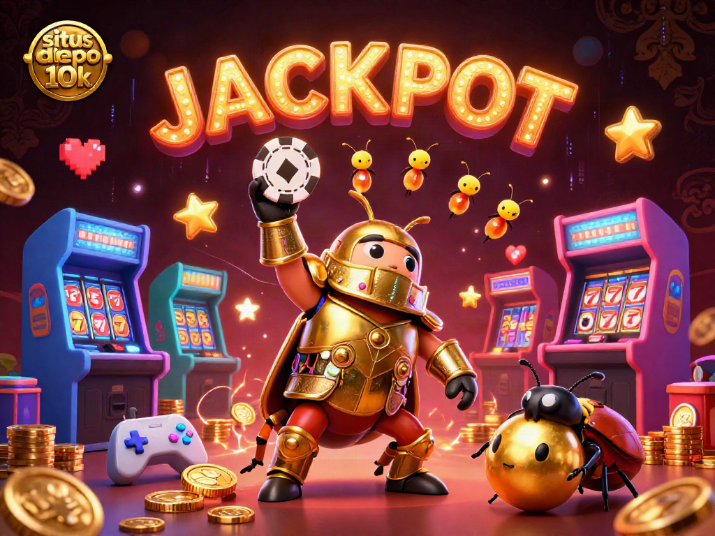 Win big with situs depo 10k illustrated by a heroic beetle lifting a poker chip amid a vibrant casino!